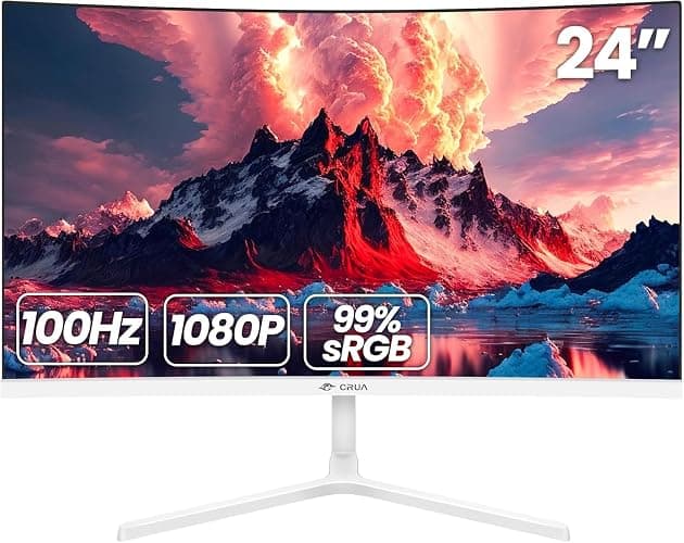 CRUA 24" Curved Monitor, FHD 1080P, 100Hz VA Panel, 99% sRGB, Frameless Design, Blue Light Filter, HDMI VGA Ports, Ideal for Home Office Gaming - White - 24inch100HZWhite - 24inch100HZWhite - Image 1