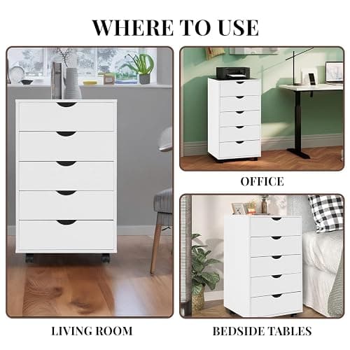 Naomi Home Taylor 5 Drawer Chest, Wood Storage Dresser Cabinet with Wheels, Craft Storage Organization, Makeup Drawer Unit for Closet, Office File Cabinet 180 lbs Total Capacity - White thumbnail 8