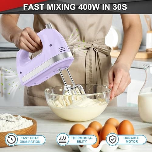Lord Eagle Hand Mixer Electric Handheld 400W, 5-Speed Lightweight Kitchen Mixer with Storage Case, 5 Stainless Steel Attachments for Baking Cake Egg Cream Food Beater, Turbo+Eject Button, Purple thumbnail 5