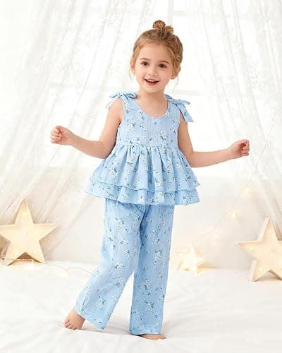 SANMIO Toddler Baby Girl Clothes Floral Summer Outfits Ruffle Sleeveless Tops with Wide Leg Pants Clothing Set for 1-5T thumbnail 2