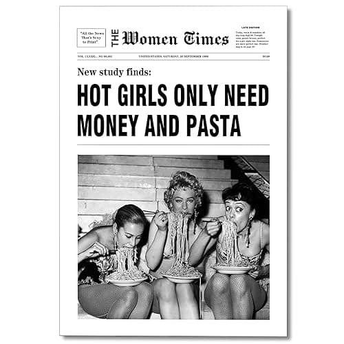 nghtuiyocw Vintage Black and White Canvas Wall Art, Girls Having Fun Newspaper Print Room Aesthetic Poster, Women Eating Pasta Art, Trendy Funky Italian Kitchen Wall Decor 12x16in Unframed