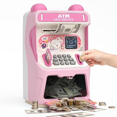 Rabbit ATM Piggy Bank for Girls with Automatic Bill Roller, Electronic Coin Bank with Simulated Card Slot & Facial Recognition, ATM Money Saving Box with Music Function for Kids(Pink) - Image 1
