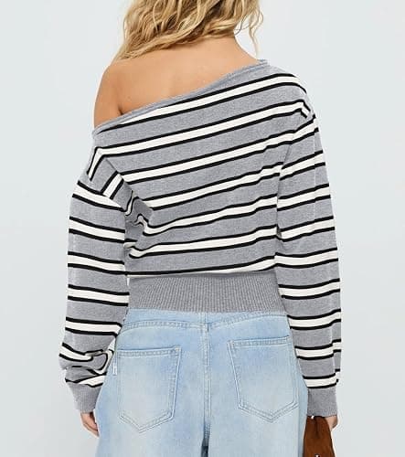 Cioatin Women One Off Shoulder Striped Crop Sweater Asymmetric Long Sleeve Loose Pullover Y2K Cute Knitwear Tops Fall Outfits thumbnail 3