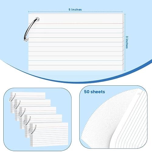 250 Count White Index Cards 3x5 Inch with Key Ring, 180gsm Heavyweight Flash Card (50 Sheets Each), Durable & Portable Note Taking for Students, Teachers, Study Note Cards for Office Home School thumbnail 3