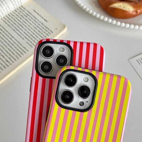 Longlayss Compatible with iPhone 14 Pro Case Cute Aesthetic Striped Phone Case for Women Girl Shockproof Slim TPU and Hard PC Protective Cover (Hot Pink) thumbnail 7