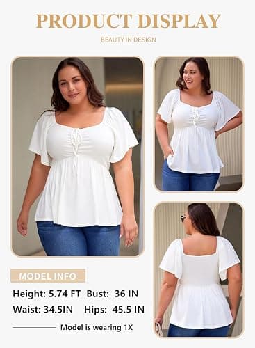 Eytino Women Plus Size Sweetheart Neck Short Sleeve Shirred Peplum Blouse Tops Shirts(1X-5X) thumbnail 3