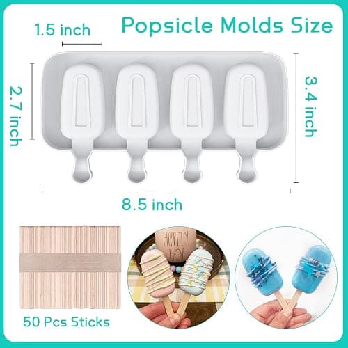 Ouddy Life Popsicle Molds Set of 2, Ice Pop Molds Silicone 4 Cavities Ice Cream Oval Cake Pop Mold with 50 Wooden Sticks for DIY Popsicle, Clear thumbnail 3