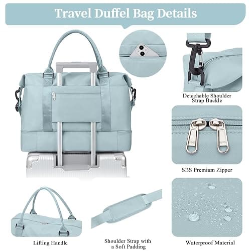 Weekender Bags for Women,Personal Item Travel Bag with Shoes Compartment,Overnight Travel Duffel Bag with Toiletry Bag - Large - Light Blue thumbnail 6