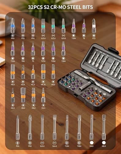 32 in 1 Magnetic Screwdriver Set, Ratchet Screwdriver Set, DIY Combination Flexible Shaft, Detachable T Ratchet Handle, Magnetic S2 Steel Bits, for Furniture, Precision Electrical Appliance Repair thumbnail 5