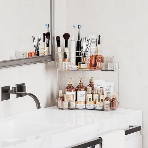 Asayuee 2-Tier Corner Bathroom Counter Organizer with Top Toothbrush Holders,Large Makeup Organizer Countertop with Brush Holder,Skincare Organizers Corner,Exquisite Vanity Organizer(Clear, 2 Tier) - 2 Tier - Clear thumbnail 3