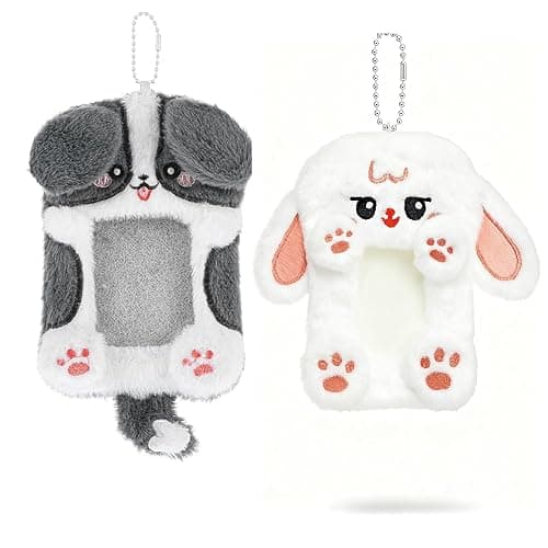 2PCS Cute Plush Photocard Holder with Keychain, Cartoon Animal Photo Sleeve ID Bank Badge Holder, Soft Idol Photo Protective Cover for Fans School Office, Best Christmas Birthday Gift - Image 1