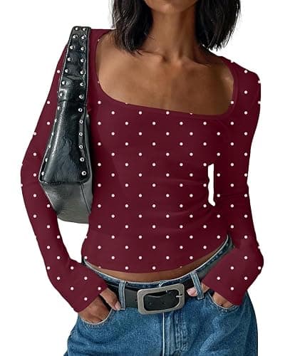 KIGRAD Women Y2k Polka Dot Graphic Scoop Neck Crop Baby Tee Tops Fall Aesthetic Slim Fitted Long Sleeve Jersey Tshirts - Image 1