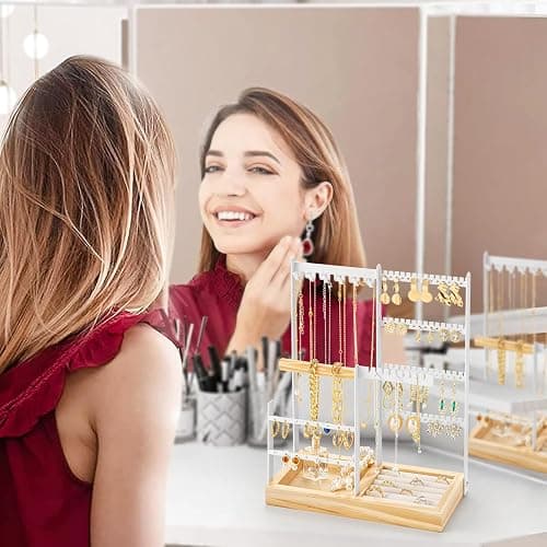 DreamGenius Jewelry Organizer Stand with Velvet Ring Holder, 4 Tier Jewelry Holder Organizer with 11 Hooks for Necklaces and 132 Holes for Earrings, White thumbnail 2