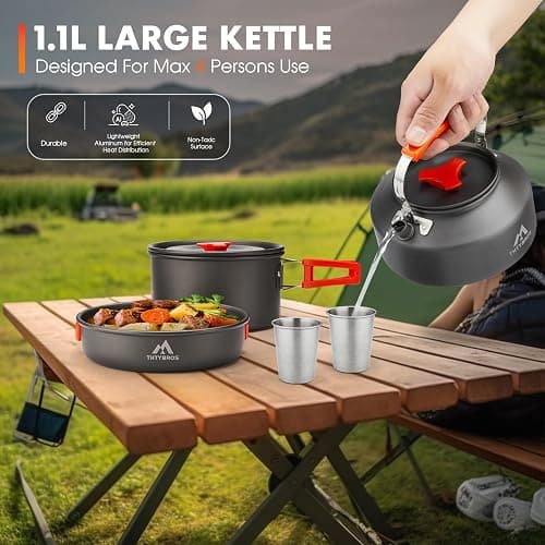 THTYBROS 17pcs Camping Cookware Kit, 0.45Gal Pot, 7inches Pan,0.30Gal Kettle Set with 2 Set Stainless Steel Cups Plates Forks Knives Spoons for Hiking thumbnail 7