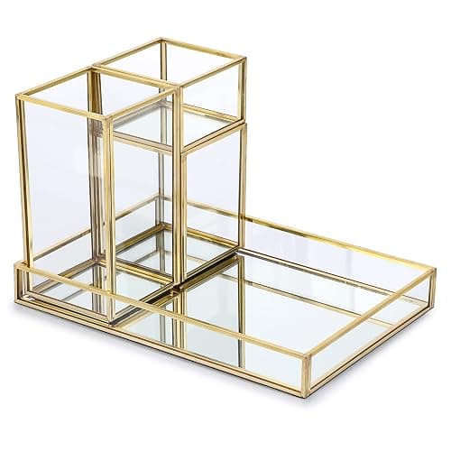 Hipiwe Set of 4 Gold Glass Makeup Brush Holder Organizer with Vanity Tray | Stackable Perfume & Cosmetic Brush Organizer, Mirrored Jewelry Trinket Tray, Pen & Pencil Holder for Dresser Bathroom thumbnail 7