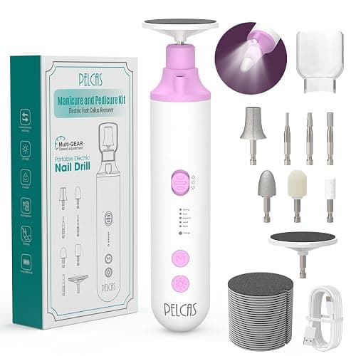 PELCAS Toenail Grinder for Thick Toenails 8 in 1 Manicure & Pedicure Kit, 5 Speeds Cordless Nail Drill with LED Light Electric Foot Callus Remover for Foot Callus, Thick Nails, Finger Nails Pink - Image 1
