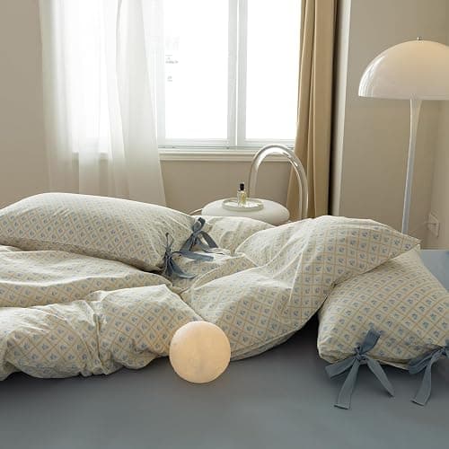 VM VOUGEMARKET Full Duvet Cover with Blue Flower Prints,100% Cotton Bedding Set,Yellow Plaid Grid Comforter Cover with Zipper Closure,80x90 Inch thumbnail 8