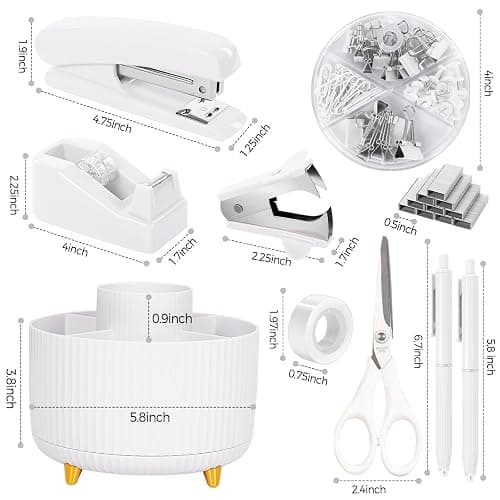 SKYDUE White Office Supplies Set, Office Desk Accessories 10PCS, Pencil Holder for Desk, Stapler, Tape Dispenser, Scissors, Ruler, Binder/Paper Clips and 1000pcs Staples,Desk Supplies Set thumbnail 3