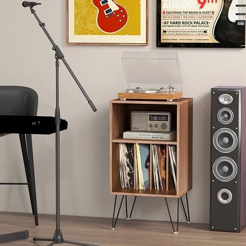 COSTWAY Meuble Tourne-Disque Vinyle avec Prise, Support Tourne-Disque pour Albums avec Station de Charge, 2 Prises, 1 USB,1 Type-C, Pieds en Métal, Table d’Appoint pour Salon Chambre (Noyer) thumbnail 2