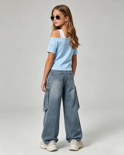 Kxuryueo Teen Girl Clothes One Shoulder Top and Wide Leg Stretch Jeans 2 Piece Casual Outfits Size 7-16 thumbnail 6
