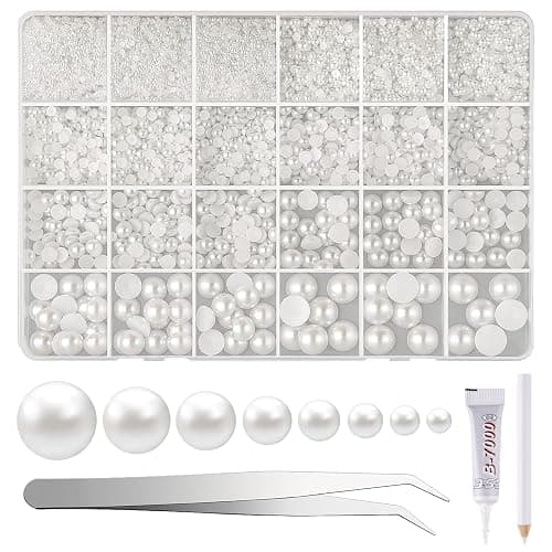 NACHLYNN 12000 Pcs Flat Back Pearl 8 Sizes Flatback Pearl Beads Half Pearl Bead Half Round Pearls for Crafts Embellishment Shoes DIY Phone Case Making - white - Image 1