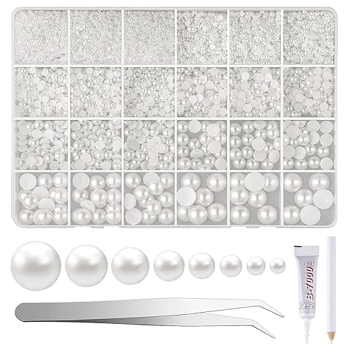 NACHLYNN 12000 Pcs Flat Back Pearl 8 Sizes Flatback Pearl Beads Half Pearl Bead Half Round Pearls for Crafts Embellishment Shoes DIY Phone Case Making - white