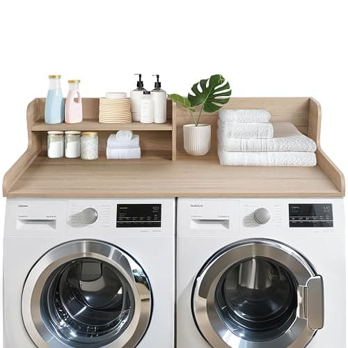 Kaboon Washer Dryer Countertop 2 Tier 58 inches Wide, Laundry Shelf Topper with Edge, 58" W x 28" D x 12" H Laundry Space Organizer, Oak(Grey Tone) - Image 1