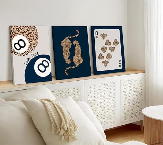 6Pcs Navy Blue Trendy Leopard Canvas Wall Art Fashion Lucky 8 Ball Painting pictures Preppy Y2K Aesthetics Wall Decor Trend Cheetah Prints Artwork for College Dorm Home Decoration 8x10in Framed thumbnail 3