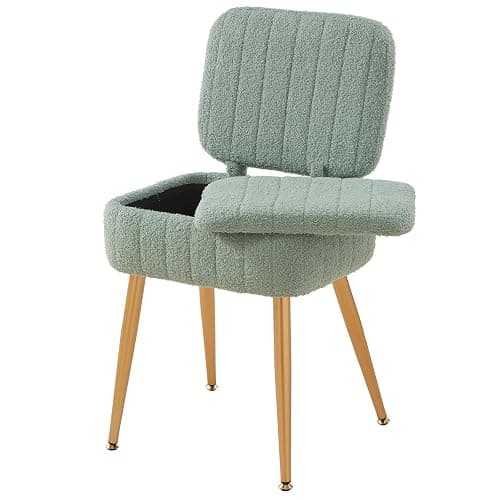 ZYKZYK Updated Vanity Chair, Storage Ottoman with Folding Back & Gold-Toned Metal Legs, Ottoman Seat with Teddy Velvet for Dressing Room Living Room Bedroom, 16" x 12.5" Inch - Image 1