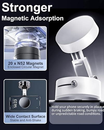 JingJinYY Vacuum Suction Magnetic Phone Holder, 2025 Upgraded Foldable and Retractable Magnetic Mount, A Movable Vacuum Suction Cup Car Phone Stand for Cars/Gyms/Mirrors/Smooth Surface (White) thumbnail 3