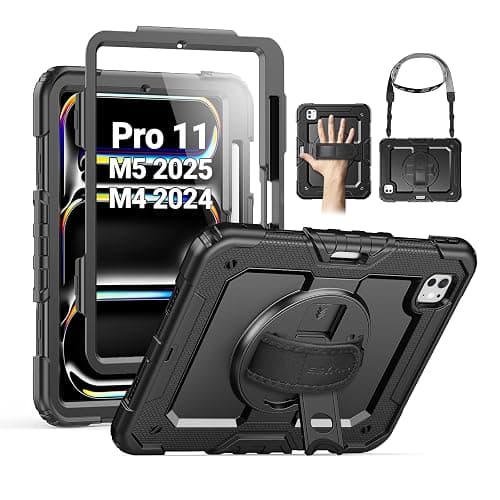 SEYMAC for iPad Pro 11 Inch Case M5 2025 / M4 2024, Heavy Duty Shockproof Protective Case with Screen Protector, 360° Rotating Stand, Hand/Shoulder Strap and Pen Holder, Black - Image 1