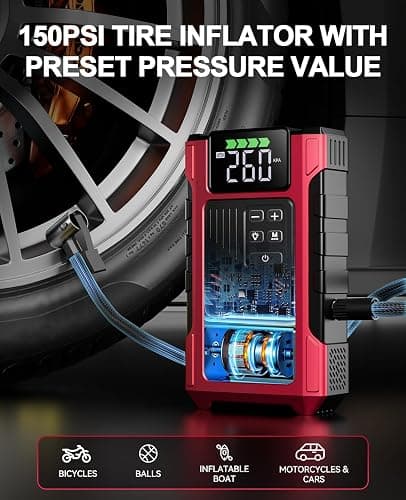 4000A Car Jump Starter with Air Compressor, Portable Battery Charger Jumpstart 12V Vehicle, Power Pack with 150PSI Tire Inflator for 9.0L Gas/7.5L Diesel Engines Jump Box with Light and Jumper Cable thumbnail 3