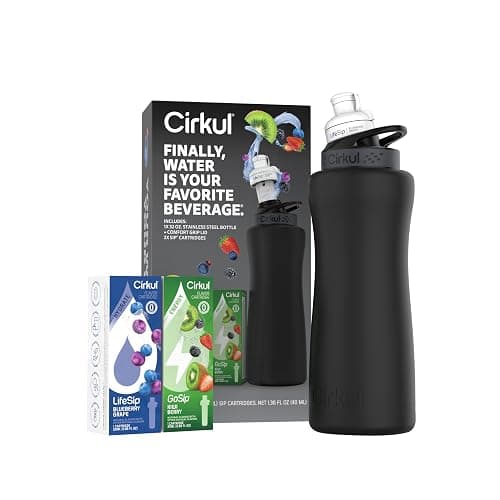Cirkul 32oz. Matte Black Stainless Steel Water Bottle Starter Kit with Black Lid and 2 Flavor Cartridges (1 LifeSip Blueberry Grape, 1 GoSip Kiwi Berry) No Sugar, Zero Calorie Drink Mix thumbnail 2