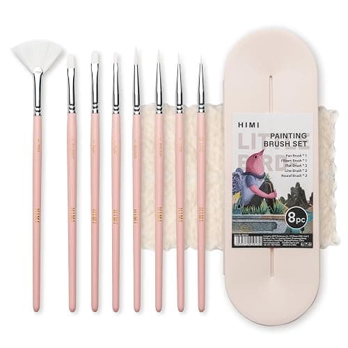 HIMI Paint Brushes Set 8 Pcs for Acrylic Oil Gouache Paint，2 Flat & 2 Round & 2 Liner &1 Filbret &1 Fan, 8pcs Brushs, Interesting Designed Nice Gift for Art hobbyist Beginners Artists (Pink,8Pcs) thumbnail 7