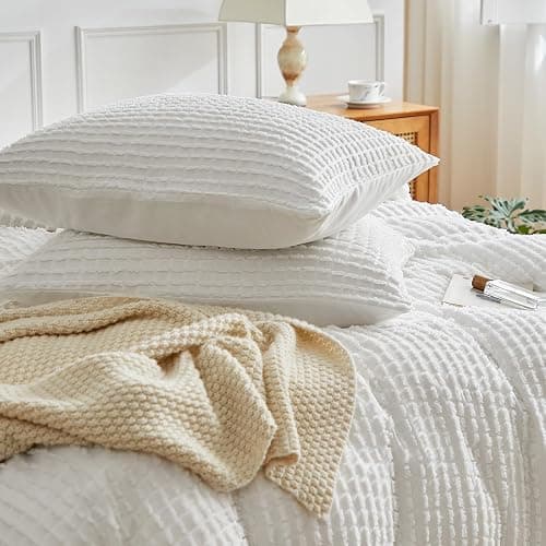 WARMDERN Boho Duvet Cover Set Queen Size,White Striped Duvet Cover Microfiber Bedding Set,3PCS Ultra Soft Breathable Lightweight Tuft Texture Pattern Duvet Covers with Zipper Closure(White,Queen) thumbnail 5