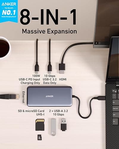 Anker 555 USB-C Hub (8-in-1), with 85W Power Delivery, 4K 60Hz HDMI Port, 10Gbps USB C and 2 A Data Ports, Ethernet microSD SD Card Reader, for MacBook Pro More thumbnail 2