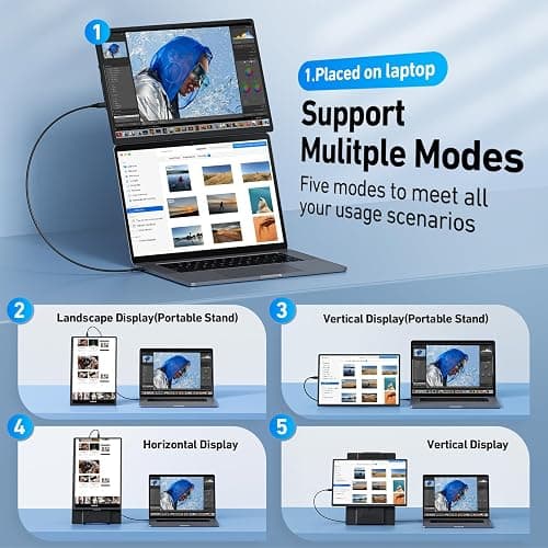 Laptop Screen Extender Monitor Portable - 16.1'' FHD 1200P Portable Screen for Laptops, 360° Rotating, Plug & Play, Detachable Stand, Height Adjustable Laptop Monitor Extender for Mac/Win/Phone/Tablet thumbnail 3