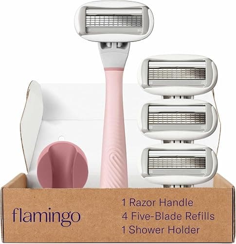 Flamingo Shaving Razor Set for Women - Original Razor Handle, 4 Blade Refills, and Shower Holder - Rose - Image 1