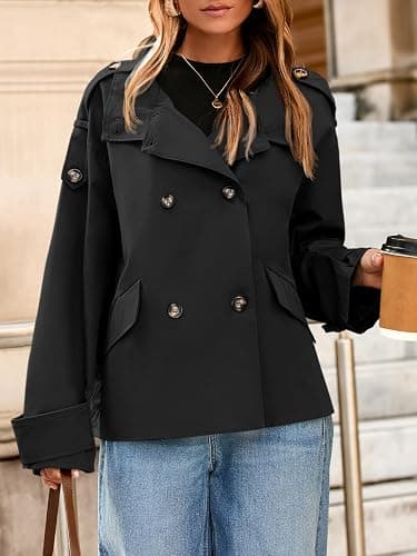 Tankaneo Womens Cropped Trench Coat Oversized Double Breasted Stand Collar Short Jacket Fall Casual Work Outerwear thumbnail 3