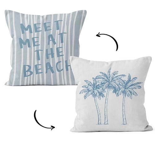 HIWX Tropical Coastal Beach Pillow Covers 18x18 Double-Sided, Coastal Beachy Room Decor Aesthetic, Palm Tree Meet Me at The Beach Decorative Pillow Covers for Couch Bed Home Bedroom Decor - Image 1