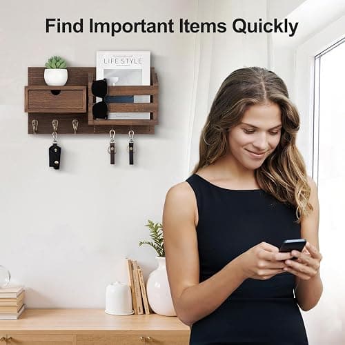 Lwenki Wall Mount Key Holder with Mail Organizer, 100% Paulownia Wood, 7 Metal Hooks, Storage Drawer, Entryway Home Decor (Brown) thumbnail 3