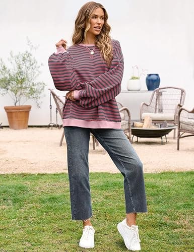UEU Women Oversized Striped Crewneck Sweatshirt Long Sleeve Color Block Pullover Tops Casual Loose Workout Shirt thumbnail 5
