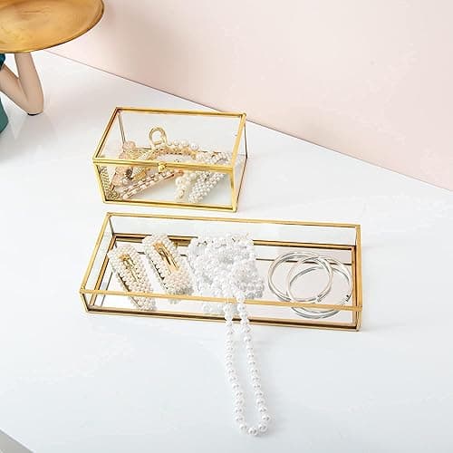 Feyarl Small Gold Clear Glass Perfume Tray Vanity Jewelry Trinket Rings Earrings Organizer Tray Collection Display Decorative Tray for Dressr Drawer Office Tabletop (7.87Inch) - 7.9" x 3.9" x 1.2" thumbnail 7