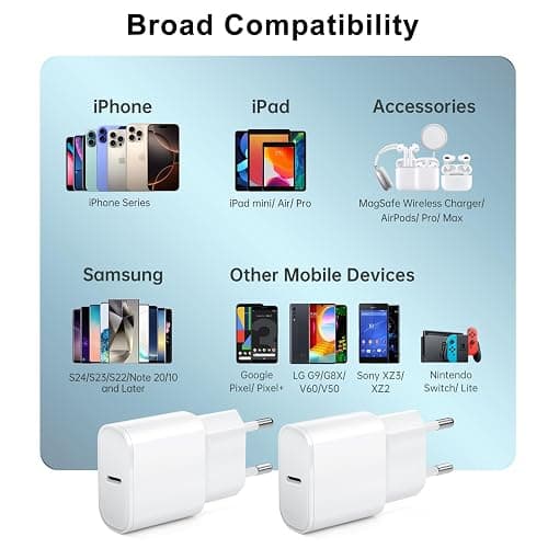 Chargeur USB C, 2 Pack 25W Prise USB C Rapide Secteur Mural Alimentation Adaptateur pour iPhone 17 16 15 14 13 12 11 Pro Max XR XS Tablette Ordinateur Portable thumbnail 3