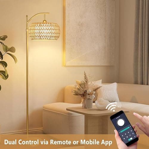 Gold Floor Lamp for Living Room with 3 Color Temperatures,Arc Boho Floor Lamps with Remote Control, Rattan Standing Lamp with Wicker Lamp Shades Dimmable Tall Floor Lamp For Bedroom Living Room Corner thumbnail 4
