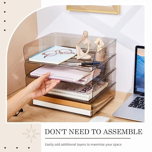 Harloon 4 Tier Acrylic Paper Tray 13 x 9.8 x 3 Inches Stackable Letter Clear Organizer No Need to Assemble Acrylic Paper Organizer File Tray for Office Workspace Desktop Storage (Transparent Gray) thumbnail 4