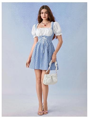 WDIRARA Women's Vintage Cottagecore Gingham Dresses Puff Sleeve Lace Up Corset Flared Dress thumbnail 5