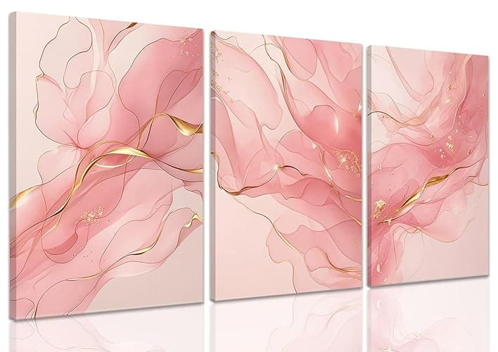 Fetyiu Pink Canvas Wall Art Pink And Gold Abstract Painting Wall Decor 3 Piece Minimalist Modern Marble Pictures Wall Decor for Bedroom Bathroom Living Room Office 12x16in Framed