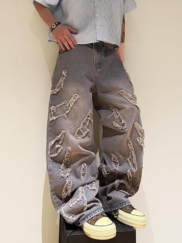 DFGIGT Men's Baggy Jeans Patchwork Embroidery Jeans Fringe Frayed Edges Wide Leg Denim Pants thumbnail 2