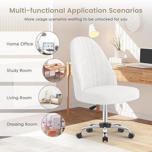 naspaluro Small Swivel Makeup Vanity Chair, Velvet Dressing Table Chairs, White Comfy Desk Chairs for Bedroom/Home Office, Armless Cross Legged Office Chairs with Wheels, Spinning Salon Study Stool thumbnail 4